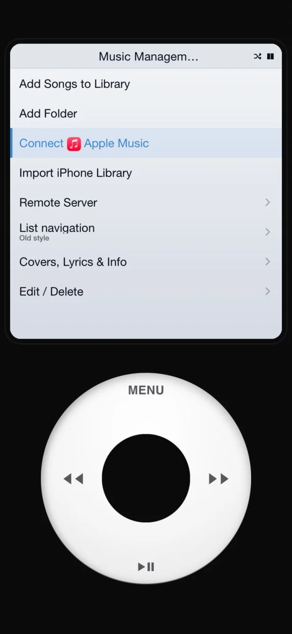 Connect Apple Music option in NostalgicPod on iPhone